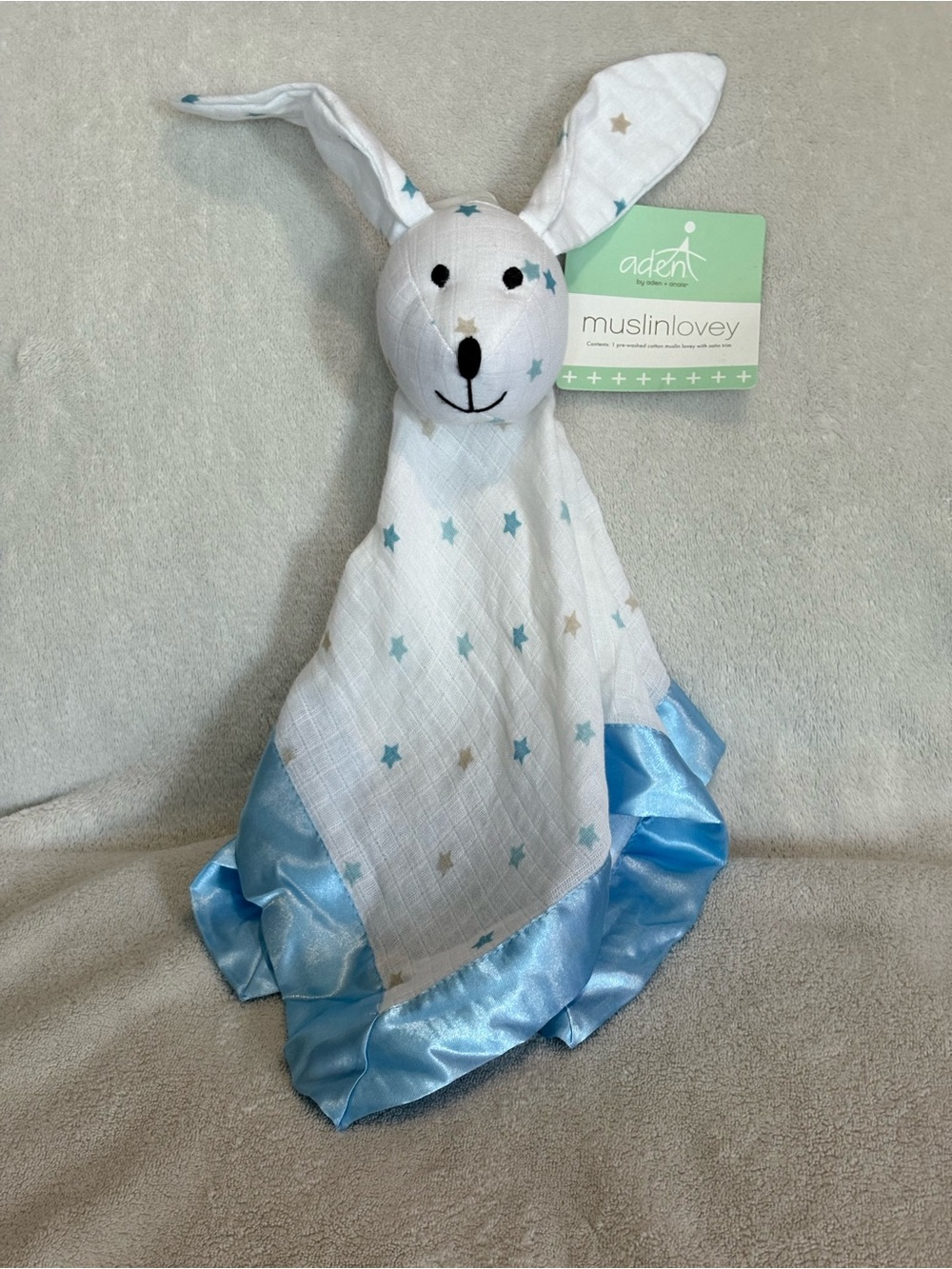 2013 Aden + Anais Bunny Muslin Lovey White w/Light Blue & Tan Stars Satin Trim